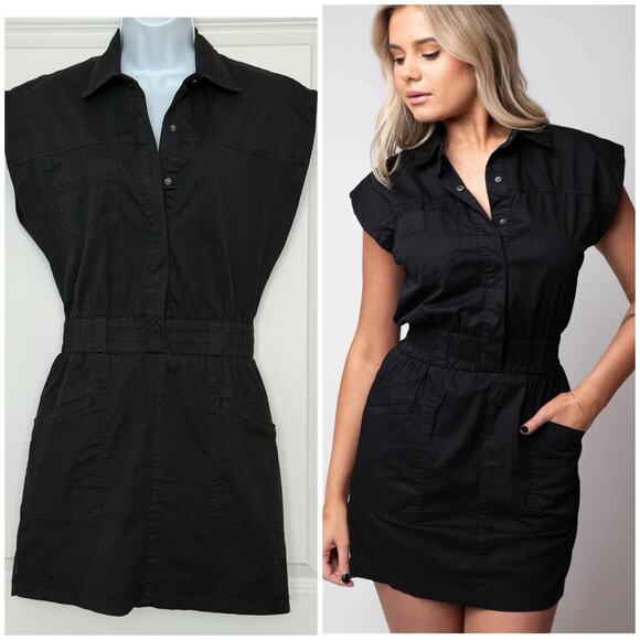 Pistola Rosie Stretch Cotton Utility Black Minidress Sz M Smocked Waist Pockets - Picture 1 of 15